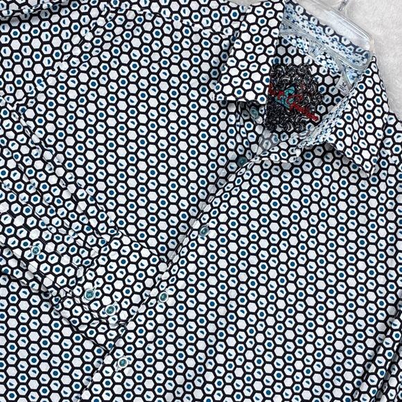 Robert Graham Classic Fit Shirt Mens M White Blue Geometric AOP Abstract Y2K - Picture 1 of 9